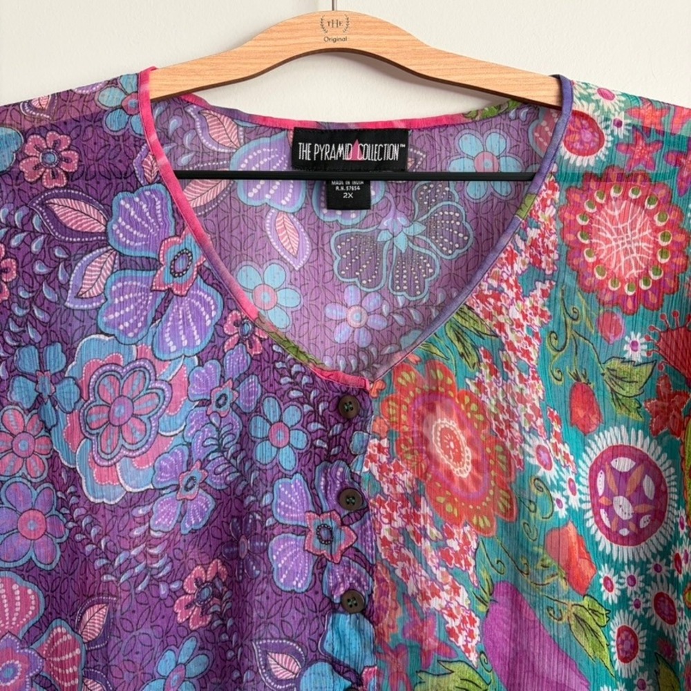 Pyramid Collection Floral Sheer Chiffon Tunic Top 2X Boho Button Up Colorful - Picture 2 of 9